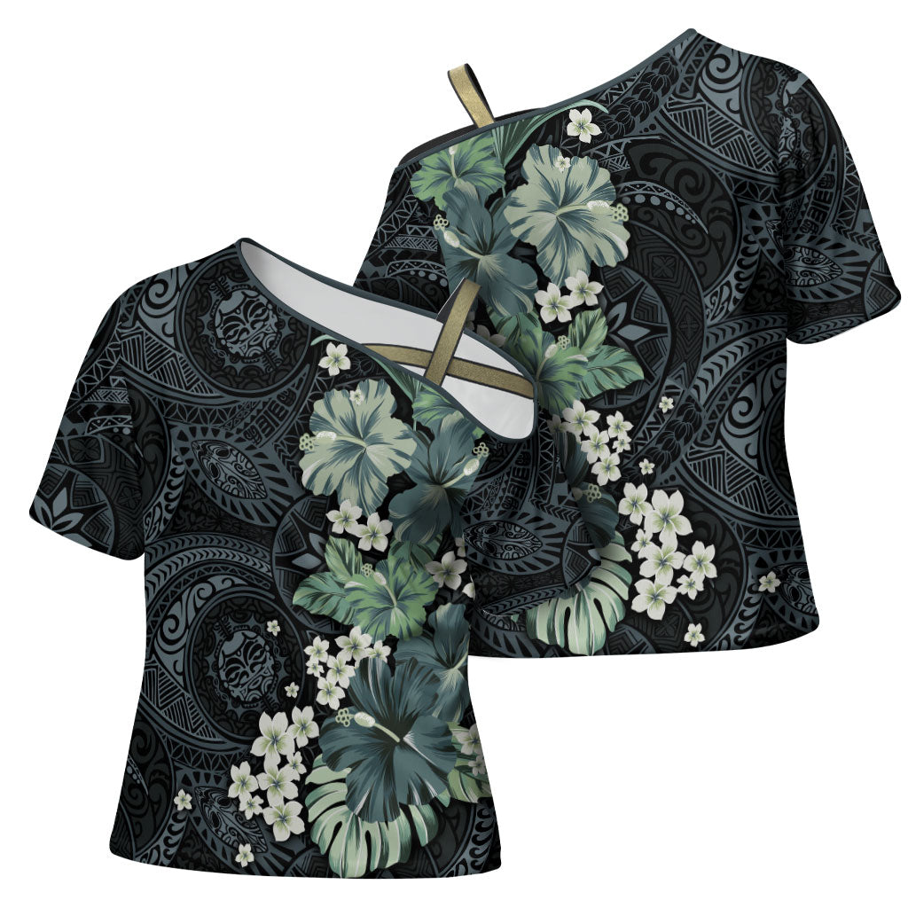 Pauliuli Hawai'i Hibiscus Cross Shoulder Shirt Polynesian Tribal Tattoo Pattern Floral Elements