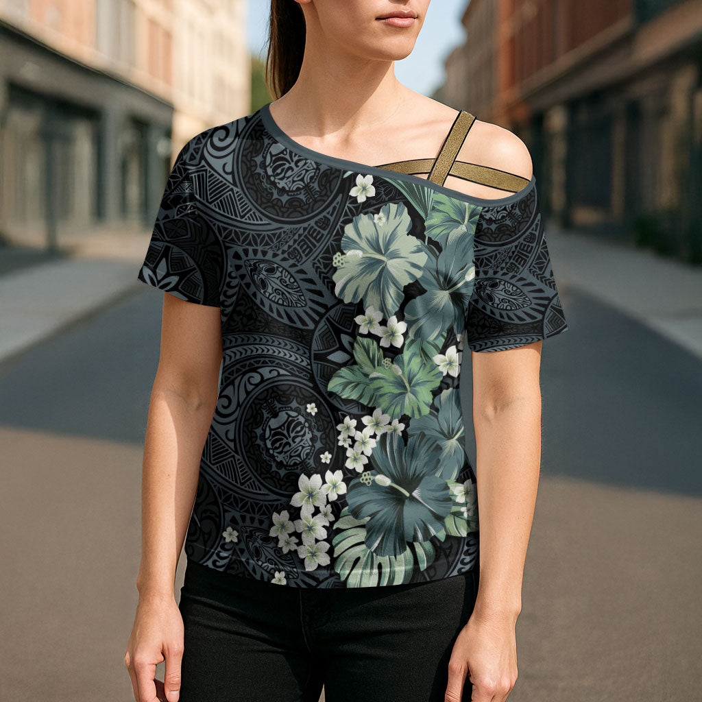 Pauliuli Hawai'i Hibiscus Cross Shoulder Shirt Polynesian Tribal Tattoo Pattern Floral Elements