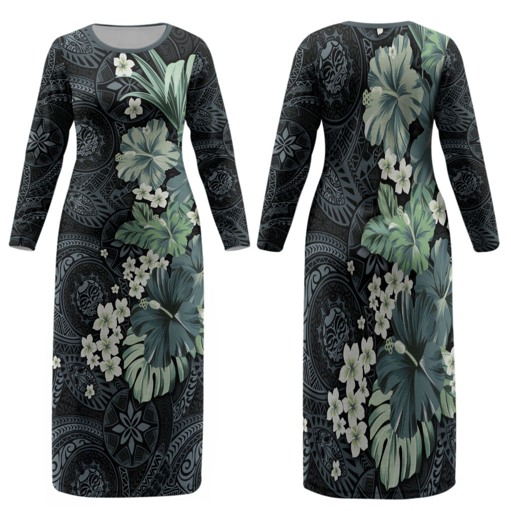 Pauliuli Hawai'i Hibiscus Family Matching Long Sleeve Bodycon Dress and Hawaiian Shirt Polynesian Tribal Tattoo Pattern Floral Elements LT9 Mom's Dress Charcoal Blue - Polynesian Pride