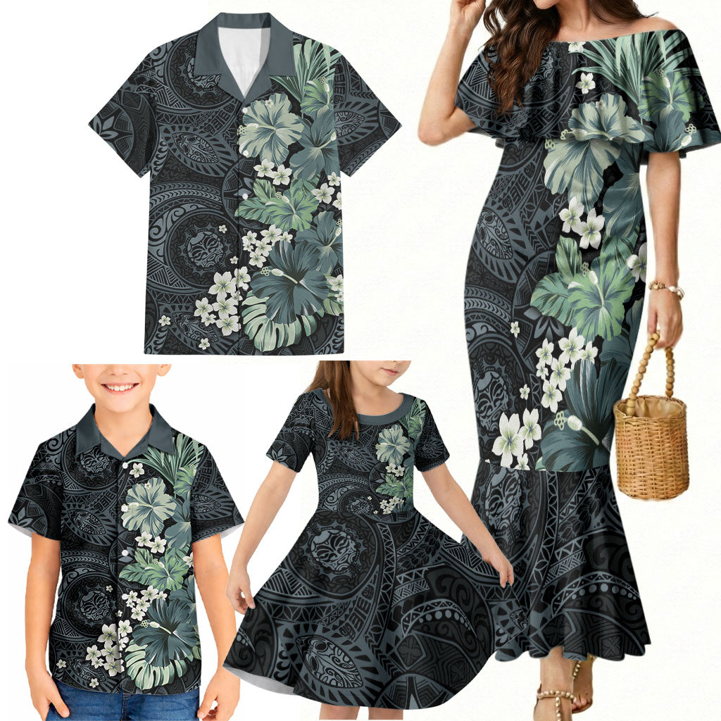 Pauliuli Hawai'i Hibiscus Family Matching Mermaid Dress and Hawaiian Shirt Polynesian Tribal Tattoo Pattern Floral Elements