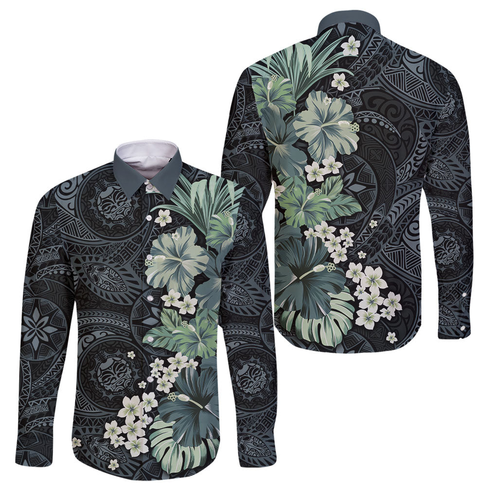 Pauliuli Hawai'i Hibiscus Family Matching Off The Shoulder Long Sleeve Dress and Hawaiian Shirt Polynesian Tribal Tattoo Pattern Floral Elements LT9 Dad's Shirt - Long Sleeve Charcoal Blue - Polynesian Pride
