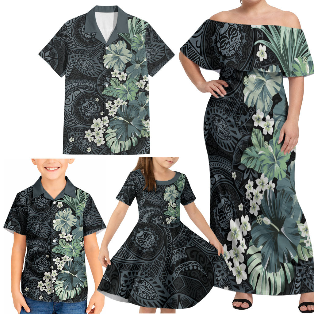 Pauliuli Hawai'i Hibiscus Family Matching Off Shoulder Maxi Dress and Hawaiian Shirt Polynesian Tribal Tattoo Pattern Floral Elements LT9 - Polynesian Pride