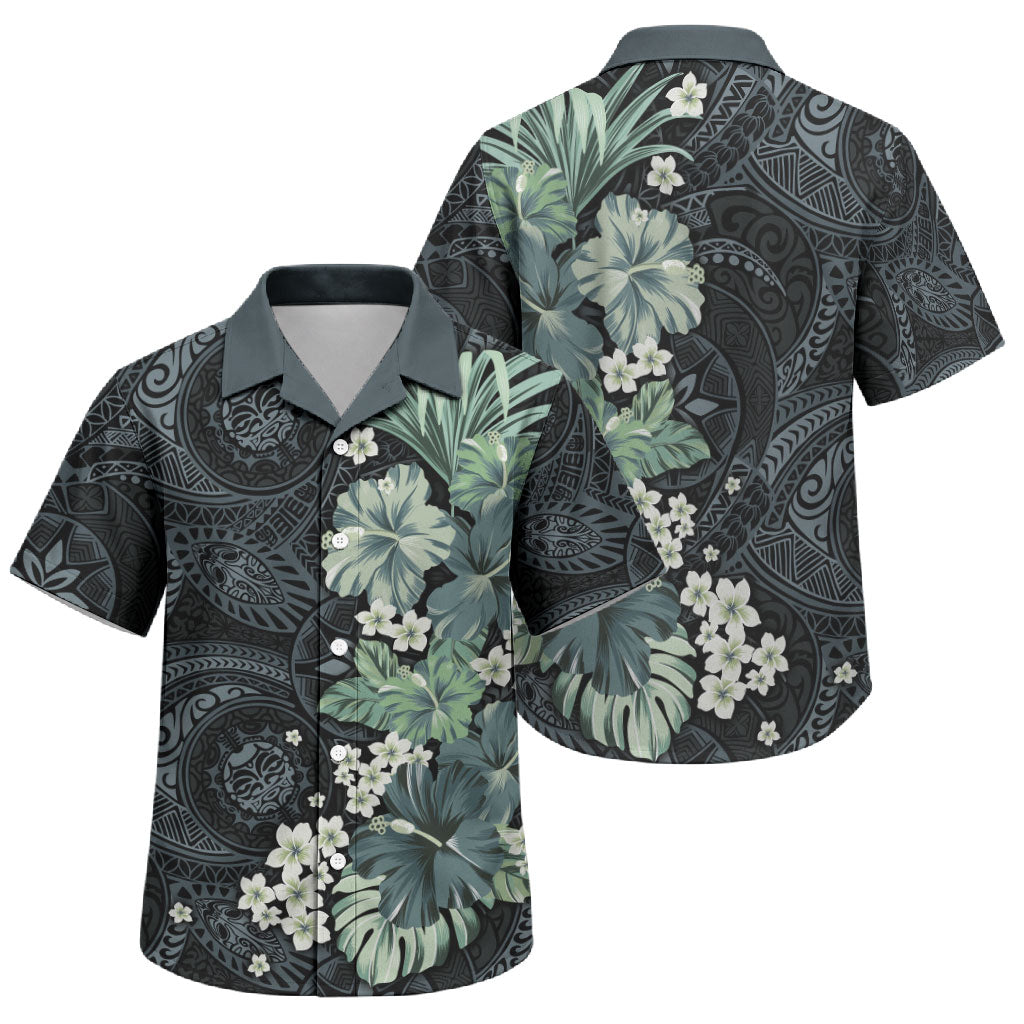 Pauliuli Hawai'i Hibiscus Family Matching Off Shoulder Maxi Dress and Hawaiian Shirt Polynesian Tribal Tattoo Pattern Floral Elements