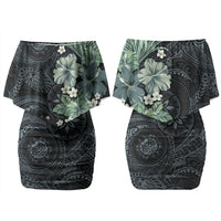 Pauliuli Hawai'i Hibiscus Family Matching Off Shoulder Short Dress and Hawaiian Shirt Polynesian Tribal Tattoo Pattern Floral Elements LT9 Mom's Dress Charcoal Blue - Polynesian Pride
