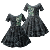 Pauliuli Hawai'i Hibiscus Family Matching Off Shoulder Short Dress and Hawaiian Shirt Polynesian Tribal Tattoo Pattern Floral Elements LT9 Daughter's Dress Charcoal Blue - Polynesian Pride