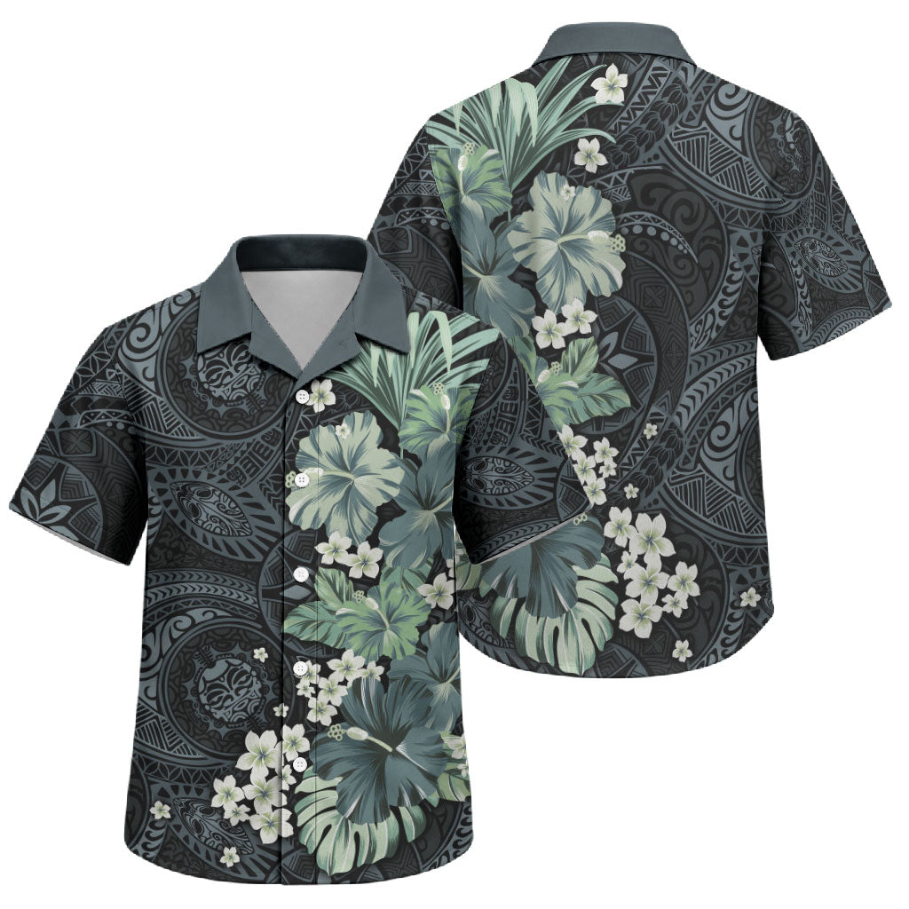 Pauliuli Hawai'i Hibiscus Family Matching Off Shoulder Short Dress and Hawaiian Shirt Polynesian Tribal Tattoo Pattern Floral Elements LT9 Son's Shirt Charcoal Blue - Polynesian Pride