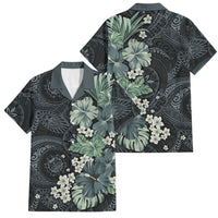 Pauliuli Hawai'i Hibiscus Family Matching Tank Maxi Dress and Hawaiian Shirt Polynesian Tribal Tattoo Pattern Floral Elements LT9 Dad's Shirt - Short Sleeve Charcoal Blue - Polynesian Pride
