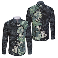 Pauliuli Hawai'i Hibiscus Family Matching Tank Maxi Dress and Hawaiian Shirt Polynesian Tribal Tattoo Pattern Floral Elements LT9 Dad's Shirt - Long Sleeve Charcoal Blue - Polynesian Pride