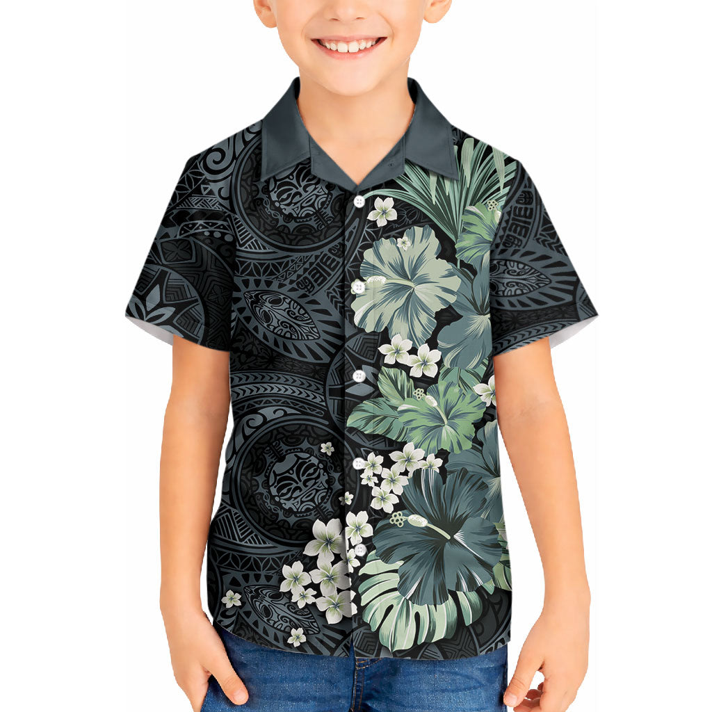 Pauliuli Hawai'i Hibiscus Kid Hawaiian Shirt Polynesian Tribal Tattoo Pattern Floral Elements LT9 Kid Charcoal Blue - Polynesian Pride