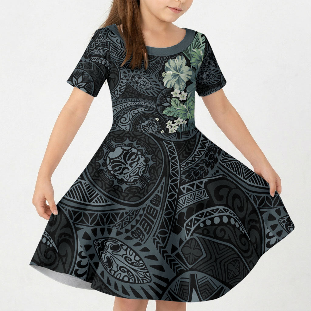 Pauliuli Hawai'i Hibiscus Kid Short Sleeve Dress Polynesian Tribal Tattoo Pattern Floral Elements