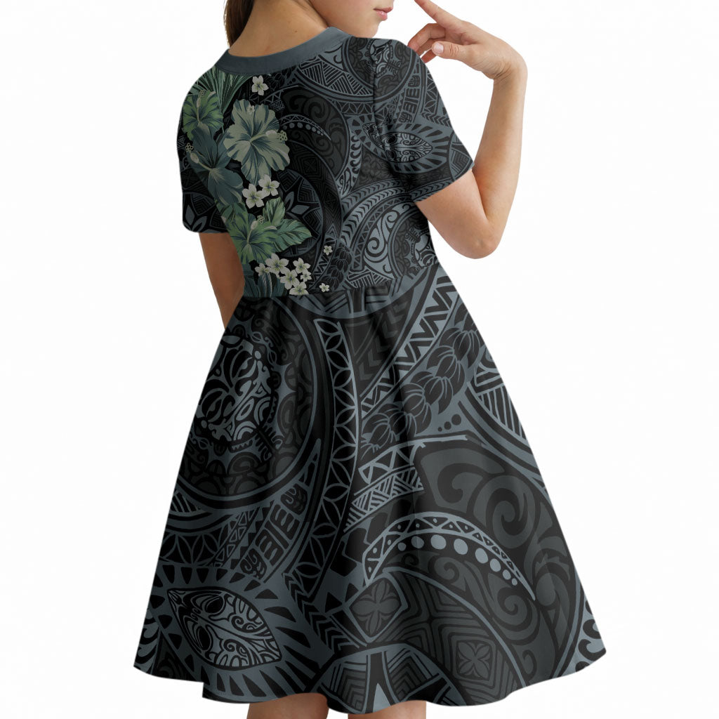 Pauliuli Hawai'i Hibiscus Kid Short Sleeve Dress Polynesian Tribal Tattoo Pattern Floral Elements