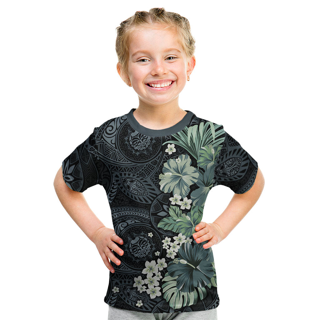 Pauliuli Hawai'i Hibiscus Kid T Shirt Polynesian Tribal Tattoo Pattern Floral Elements LT9 Charcoal Blue - Polynesian Pride
