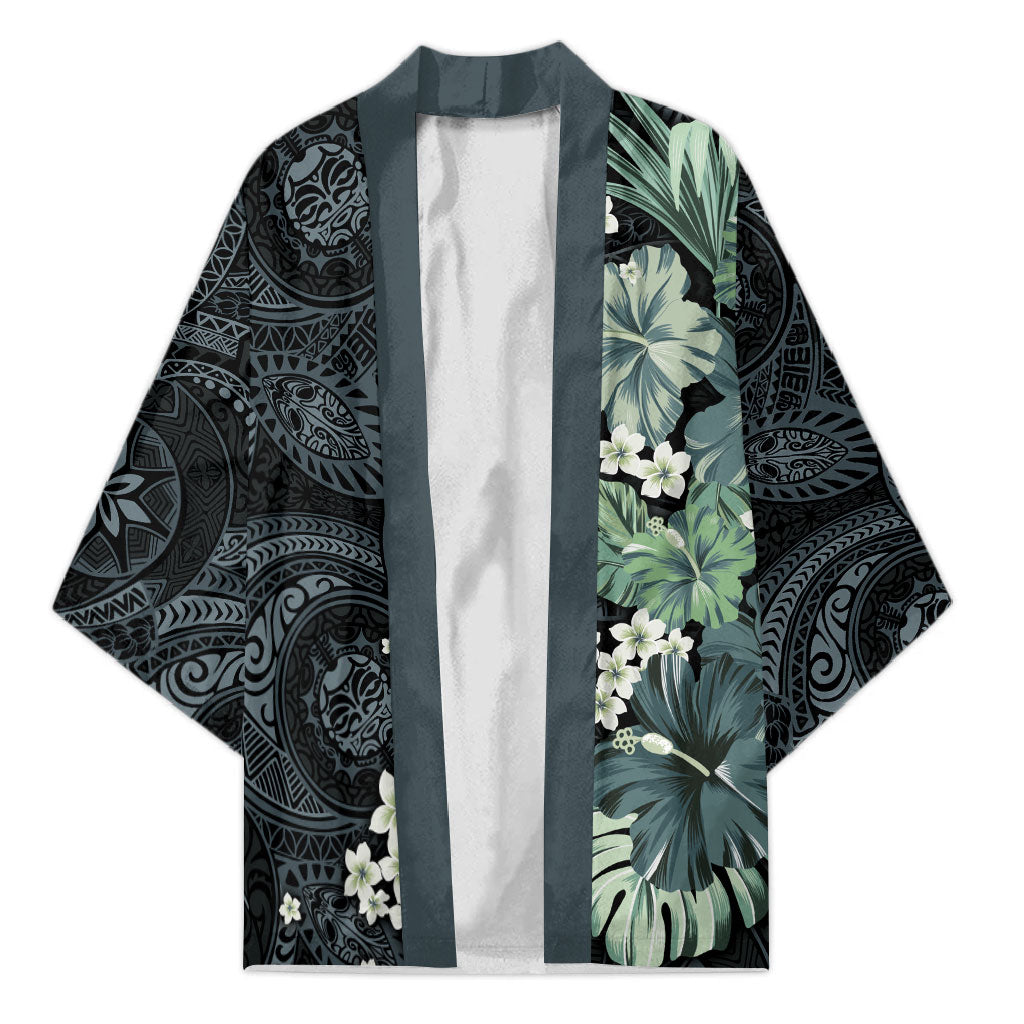 Pauliuli Hawai'i Hibiscus Kimono Polynesian Tribal Tattoo Pattern Floral Elements LT9 Unisex Charcoal Blue - Polynesian Pride
