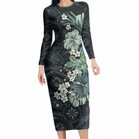 Pauliuli Hawai'i Hibiscus Long Sleeve Bodycon Dress Polynesian Tribal Tattoo Pattern Floral Elements