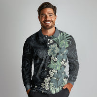 Pauliuli Hawai'i Hibiscus Long Sleeve Polo Shirt Polynesian Tribal Tattoo Pattern Floral Elements