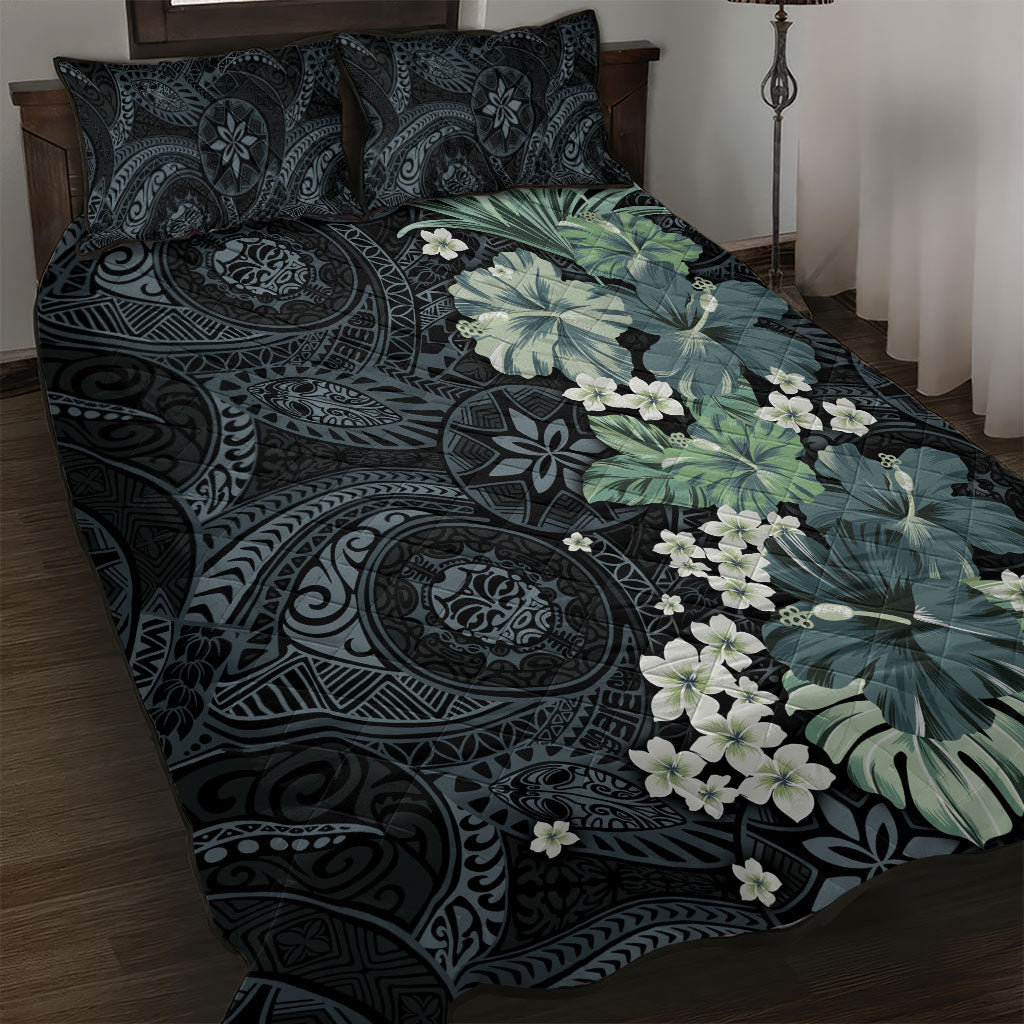 Pauliuli Hawai'i Hibiscus Quilt Bed Set Polynesian Tribal Tattoo Pattern Floral Elements LT9 Charcoal Blue - Polynesian Pride