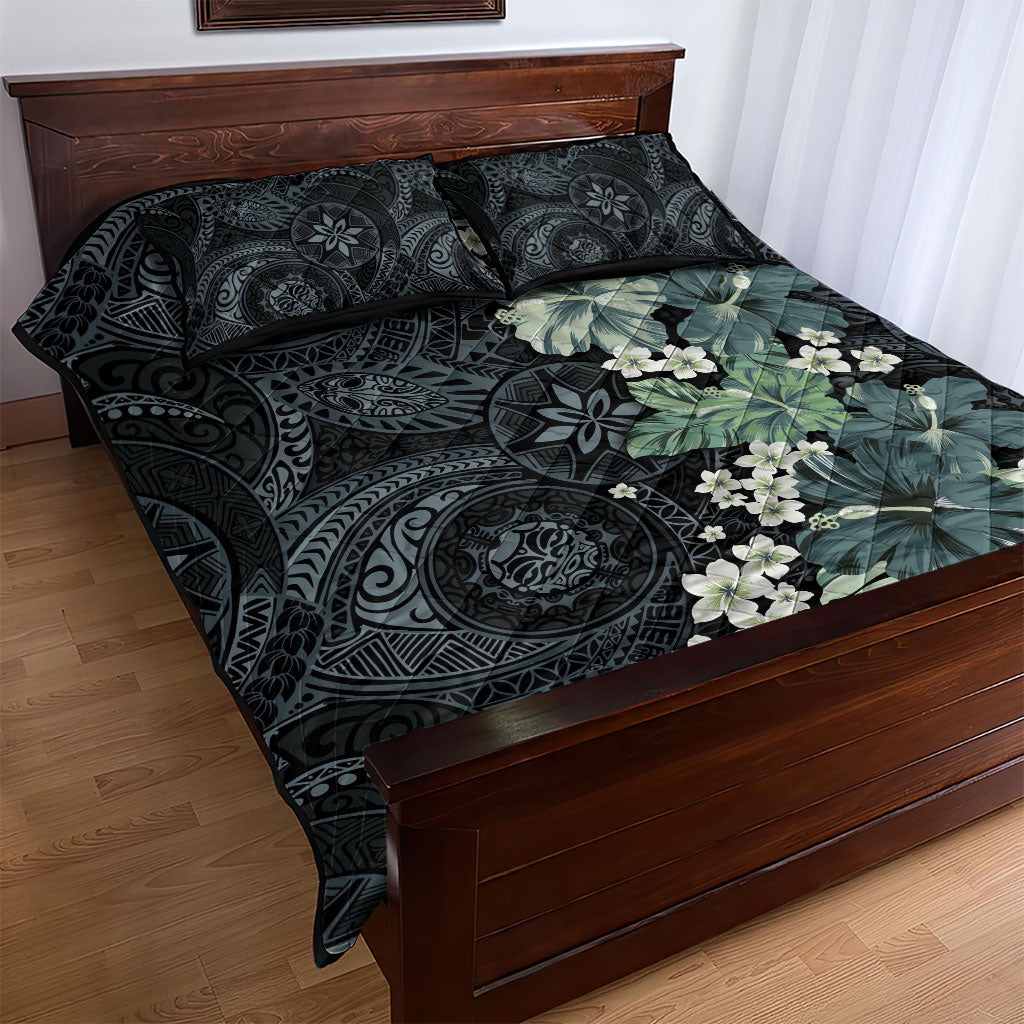 Pauliuli Hawai'i Hibiscus Quilt Bed Set Polynesian Tribal Tattoo Pattern Floral Elements