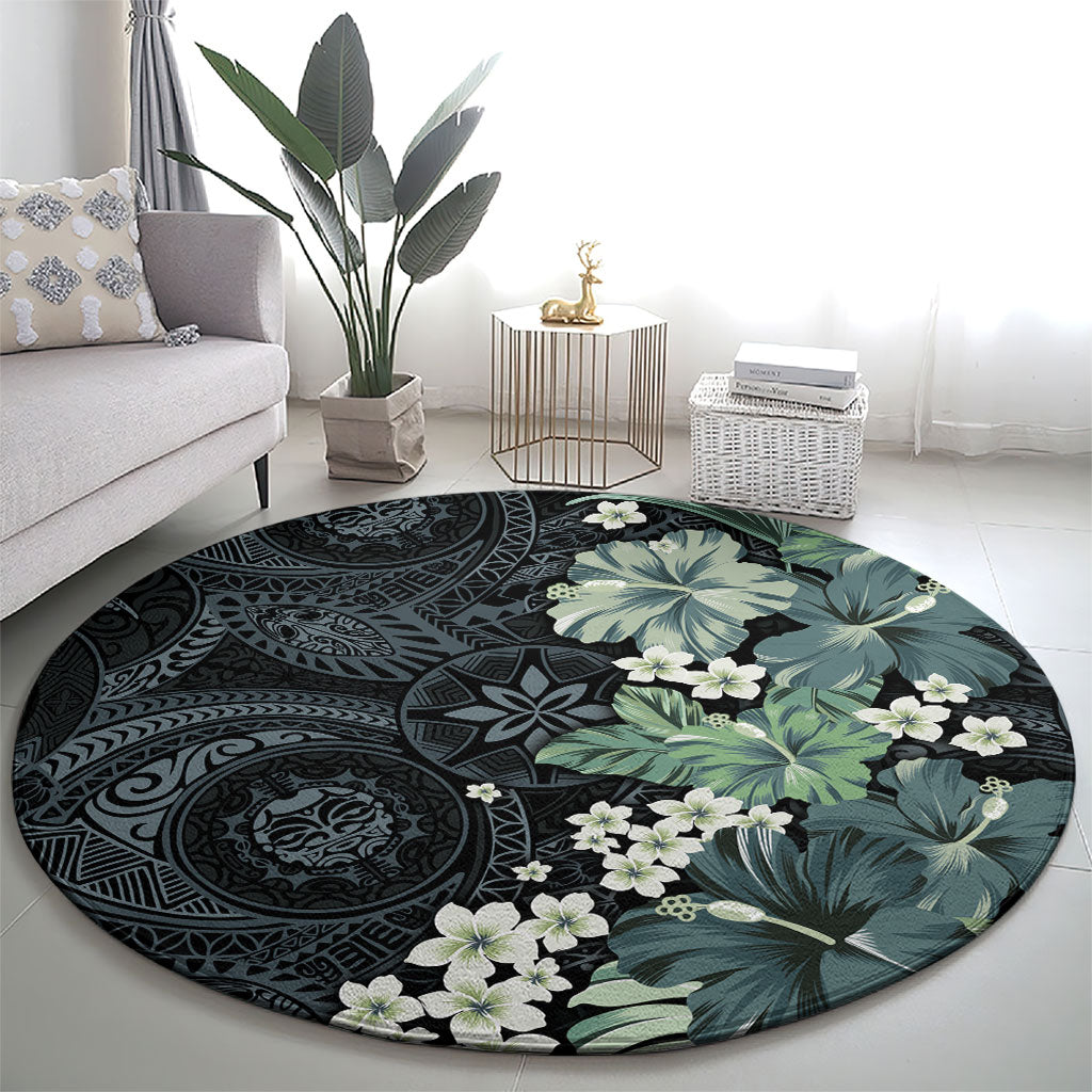 Pauliuli Hawai'i Hibiscus Round Carpet Polynesian Tribal Tattoo Pattern Floral Elements