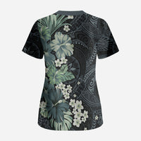 Pauliuli Hawai'i Hibiscus Scrub Top Polynesian Tribal Tattoo Pattern Floral Elements