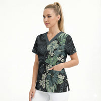 Pauliuli Hawai'i Hibiscus Scrub Top Polynesian Tribal Tattoo Pattern Floral Elements