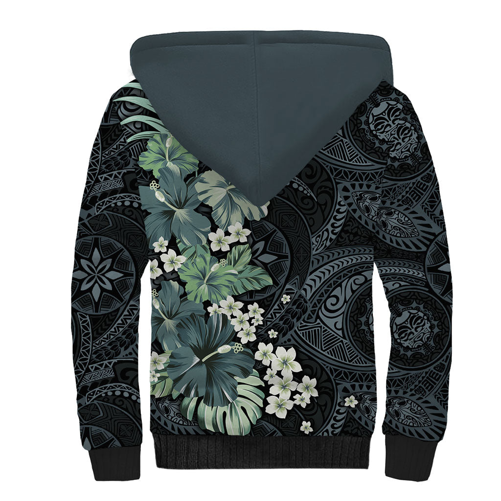 Pauliuli Hawai'i Hibiscus Sherpa Hoodie Polynesian Tribal Tattoo Pattern Floral Elements