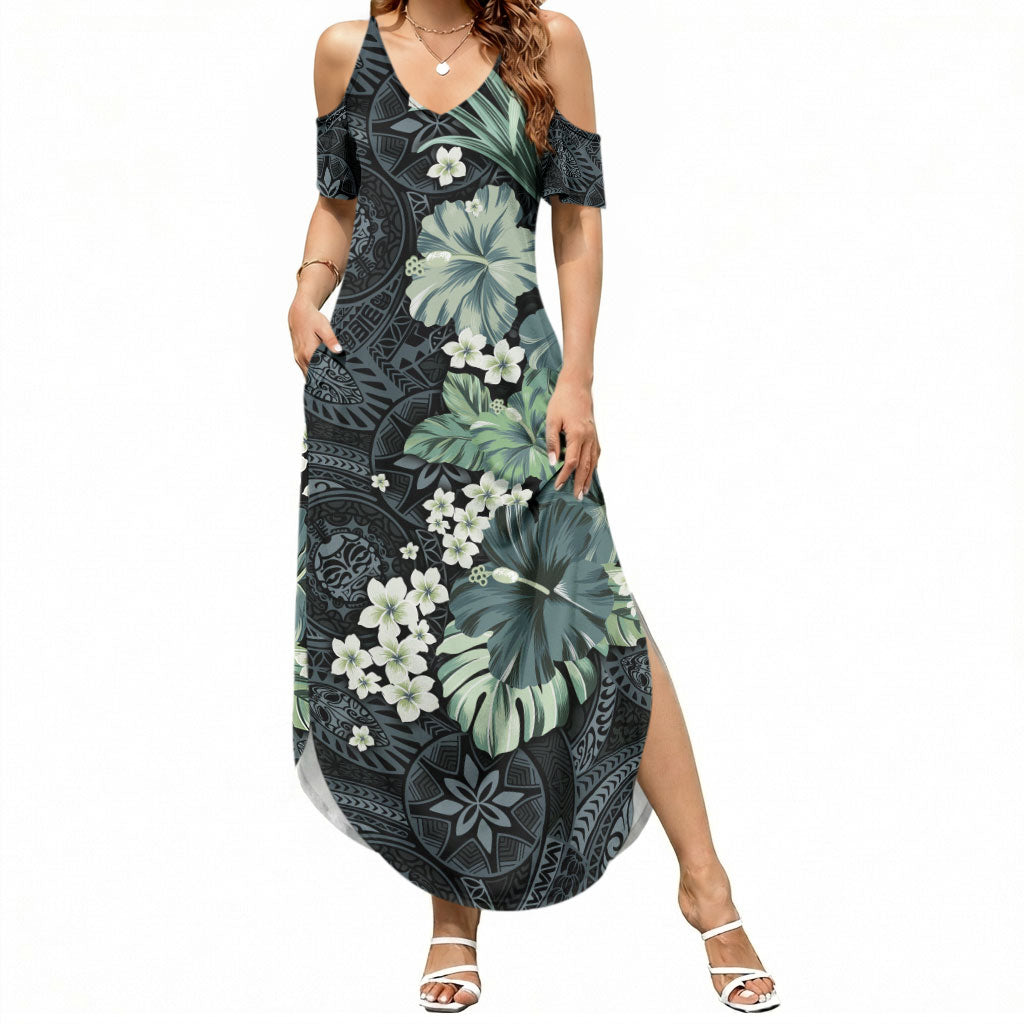 Pauliuli Hawai'i Hibiscus Summer Maxi Dress Polynesian Tribal Tattoo Pattern Floral Elements