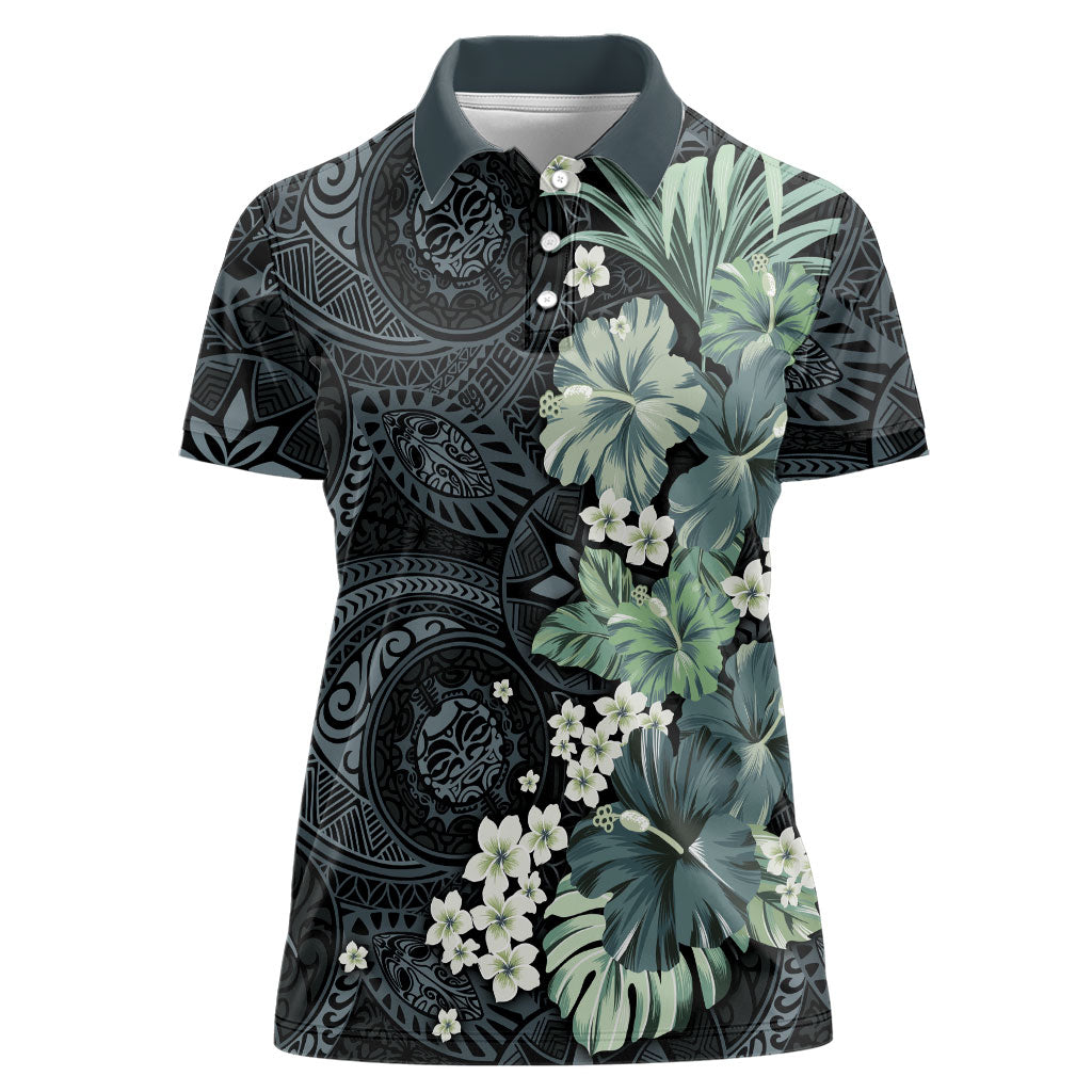 Pauliuli Hawai'i Hibiscus Women Polo Shirt Polynesian Tribal Tattoo Pattern Floral Elements LT9 Female Charcoal Blue - Polynesian Pride