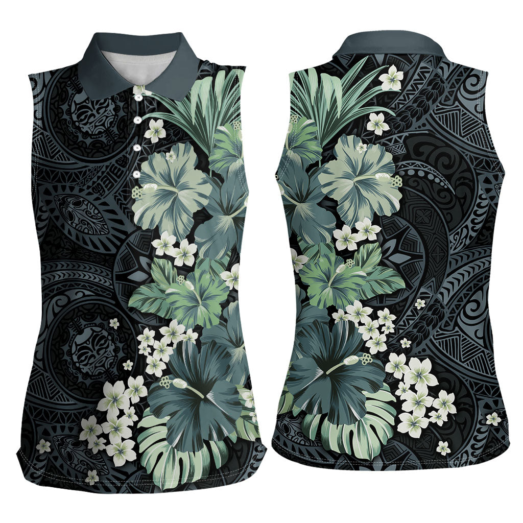 Pauliuli Hawai'i Hibiscus Women Sleeveless Polo Shirt Polynesian Tribal Tattoo Pattern Floral Elements