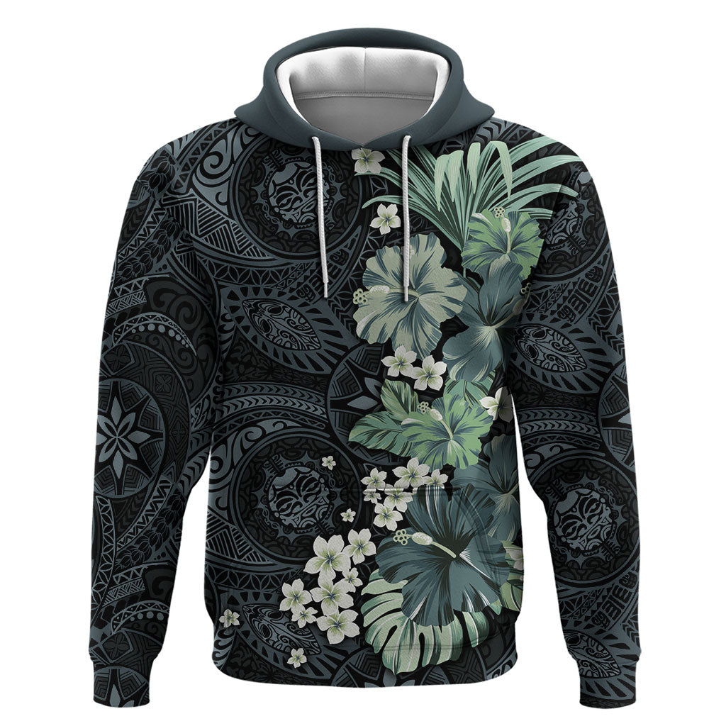 Pauliuli Hawai'i Hibiscus Zip Hoodie Polynesian Tribal Tattoo Pattern Floral Elements