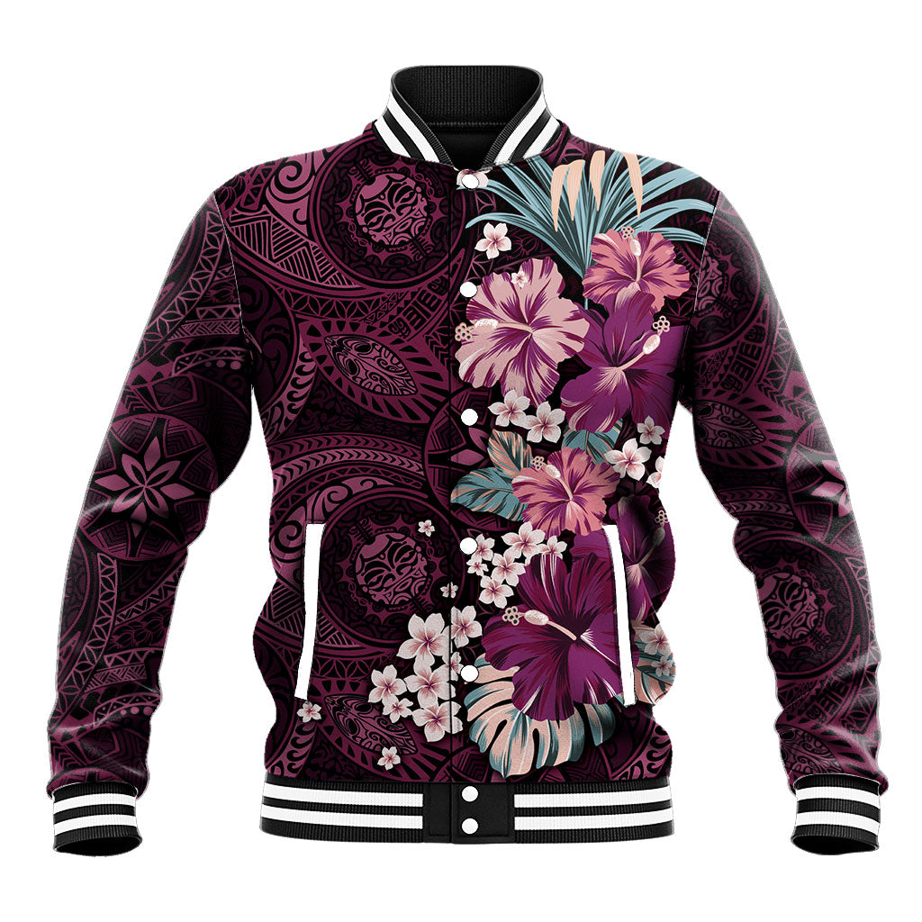 Poni Mama Hawai'i Hibiscus Baseball Jacket Polynesian Tribal Tattoo Pattern Floral Elements