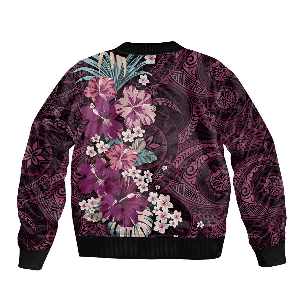 Poni Mama Hawai'i Hibiscus Bomber Jacket Polynesian Tribal Tattoo Pattern Floral Elements
