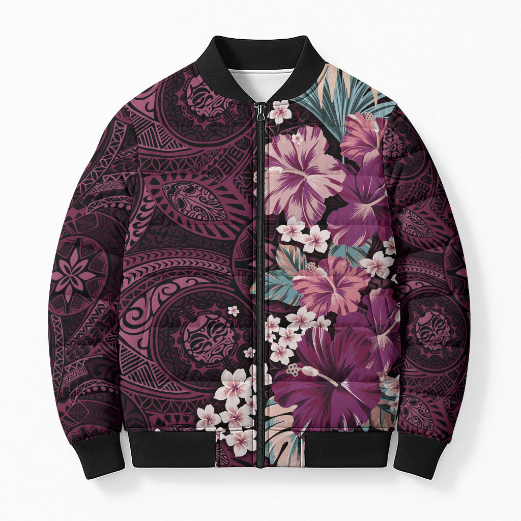 Poni Mama Hawai'i Hibiscus Bomber Puffer Jacket Polynesian Tribal Tattoo Pattern Floral Elements