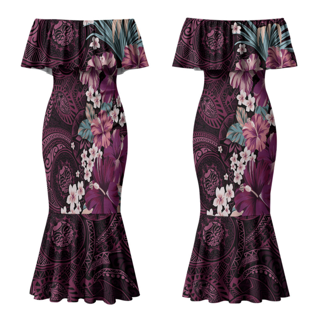 Poni Mama Hawai'i Hibiscus Couples Matching Mermaid Dress and Long Sleeve Button Shirt Polynesian Tribal Tattoo Pattern Floral Elements