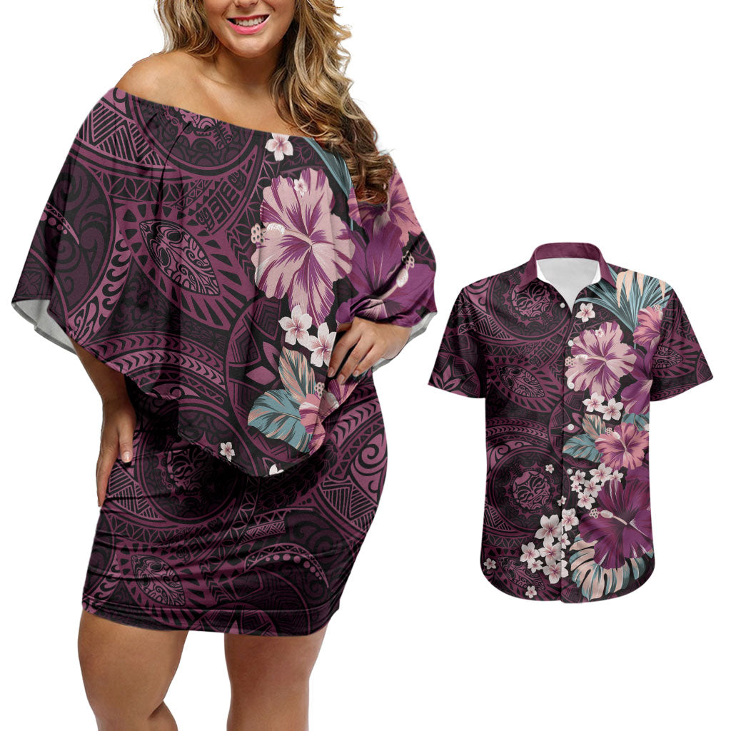 Poni Mama Hawai'i Hibiscus Couples Matching Off Shoulder Short Dress and Hawaiian Shirt Polynesian Tribal Tattoo Pattern Floral Elements