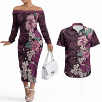 Poni Mama Hawai'i Hibiscus Couples Matching Off The Shoulder Long Sleeve Dress and Hawaiian Shirt Polynesian Tribal Tattoo Pattern Floral Elements LT9 Pink - Polynesian Pride