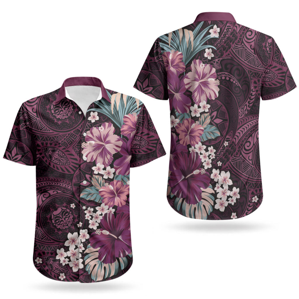 Poni Mama Hawai'i Hibiscus Couples Matching Off The Shoulder Long Sleeve Dress and Hawaiian Shirt Polynesian Tribal Tattoo Pattern Floral Elements LT9 - Polynesian Pride