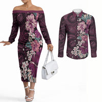 Poni Mama Hawai'i Hibiscus Couples Matching Off The Shoulder Long Sleeve Dress and Long Sleeve Button Shirt Polynesian Tribal Tattoo Pattern Floral Elements
