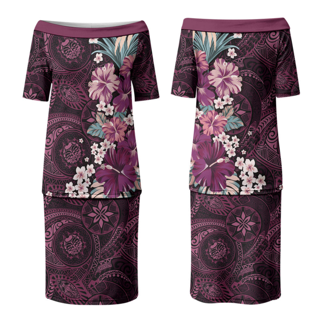 Poni Mama Hawai'i Hibiscus Couples Matching Puletasi and Hawaiian Shirt Polynesian Tribal Tattoo Pattern Floral Elements