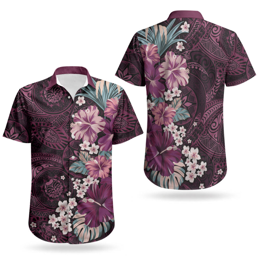 Poni Mama Hawai'i Hibiscus Couples Matching Short Sleeve Bodycon Dress and Hawaiian Shirt Polynesian Tribal Tattoo Pattern Floral Elements LT9 - Polynesian Pride