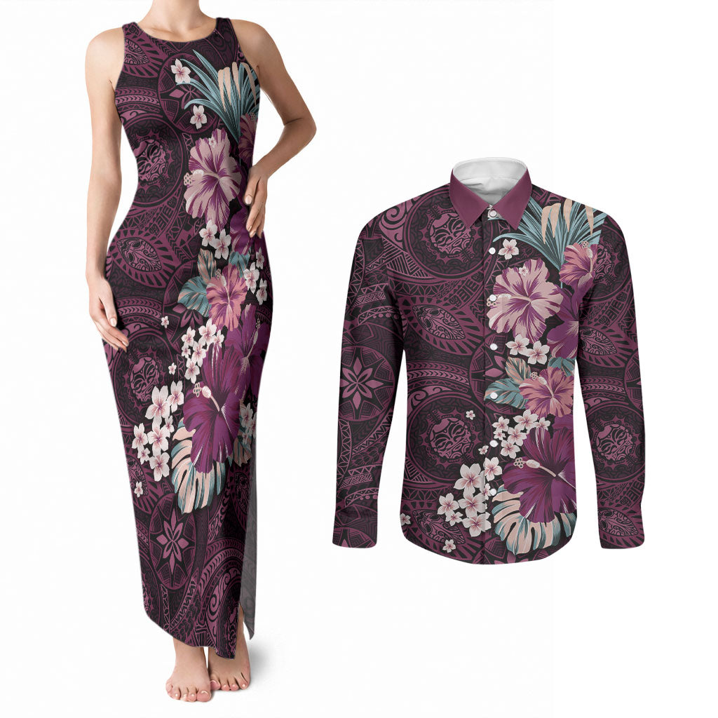 Poni Mama Hawai'i Hibiscus Couples Matching Tank Maxi Dress and Long Sleeve Button Shirt Polynesian Tribal Tattoo Pattern Floral Elements