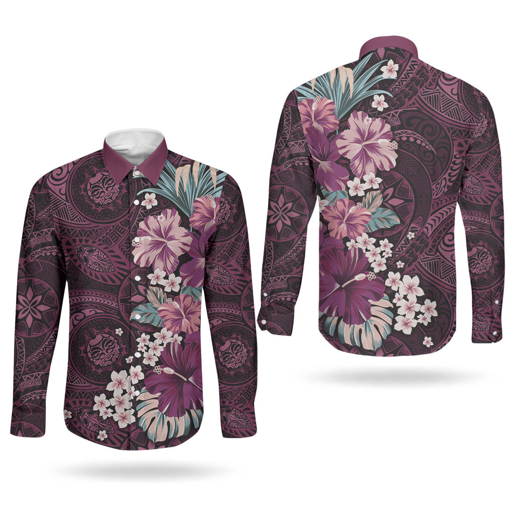 Poni Mama Hawai'i Hibiscus Couples Matching Tank Maxi Dress and Long Sleeve Button Shirt Polynesian Tribal Tattoo Pattern Floral Elements