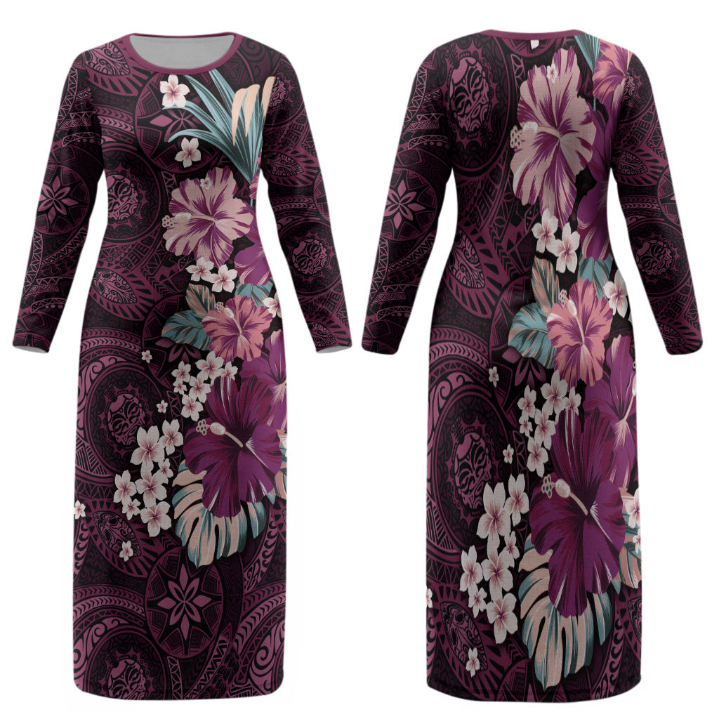 Poni Mama Hawai'i Hibiscus Family Matching Long Sleeve Bodycon Dress and Hawaiian Shirt Polynesian Tribal Tattoo Pattern Floral Elements LT9 Mom's Dress Pink - Polynesian Pride