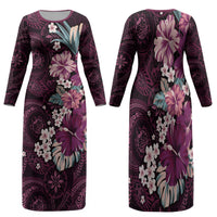 Poni Mama Hawai'i Hibiscus Family Matching Long Sleeve Bodycon Dress and Hawaiian Shirt Polynesian Tribal Tattoo Pattern Floral Elements LT9 Mom's Dress Pink - Polynesian Pride