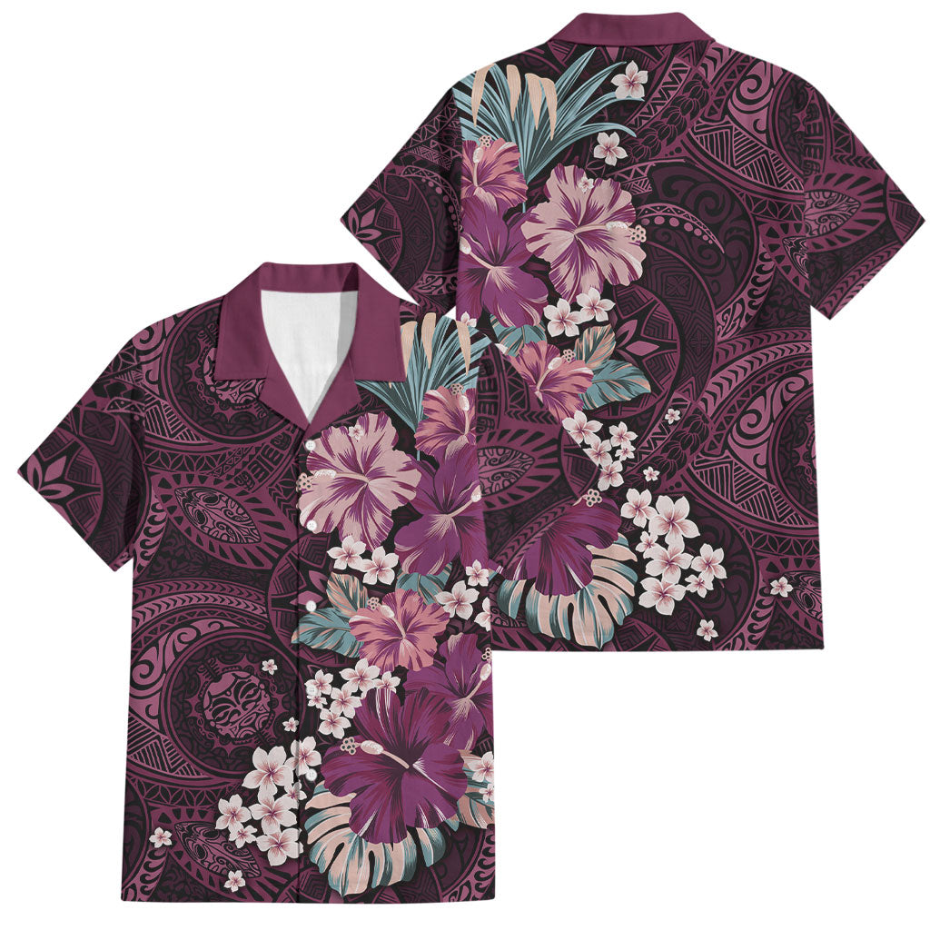 Poni Mama Hawai'i Hibiscus Family Matching Long Sleeve Bodycon Dress and Hawaiian Shirt Polynesian Tribal Tattoo Pattern Floral Elements LT9 Dad's Shirt - Short Sleeve Pink - Polynesian Pride