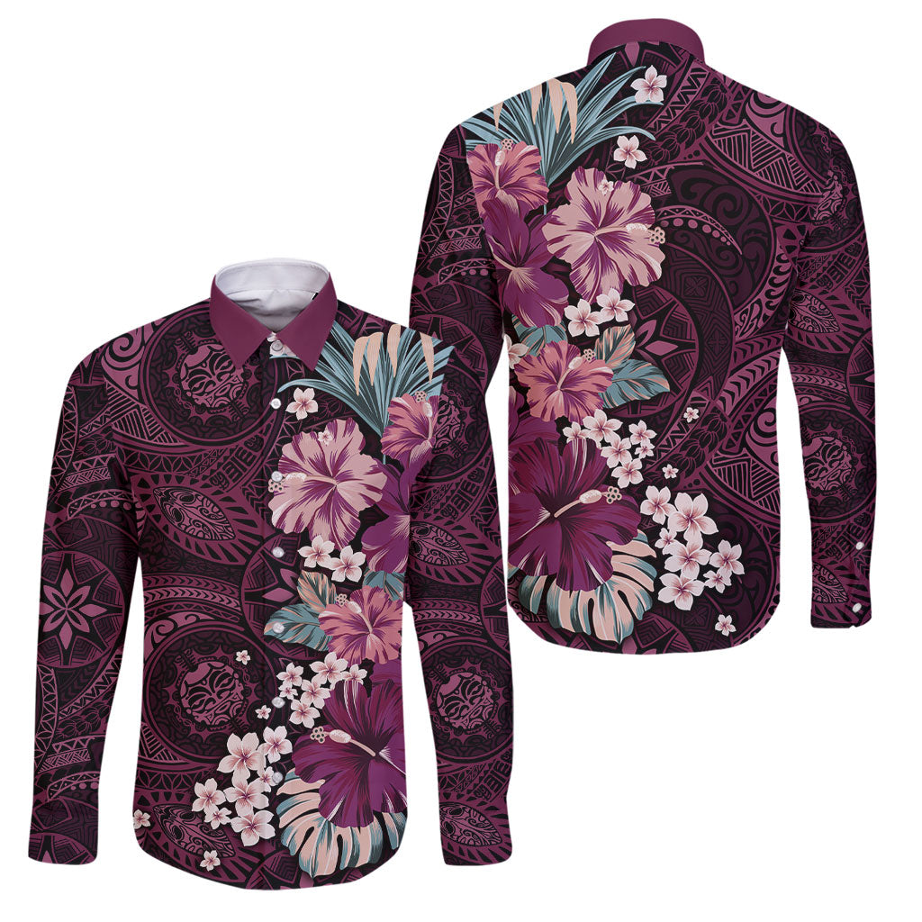 Poni Mama Hawai'i Hibiscus Family Matching Long Sleeve Bodycon Dress and Hawaiian Shirt Polynesian Tribal Tattoo Pattern Floral Elements LT9 Dad's Shirt - Long Sleeve Pink - Polynesian Pride