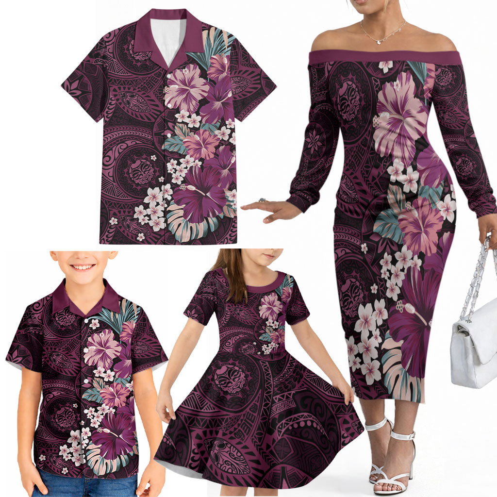Poni Mama Hawai'i Hibiscus Family Matching Off The Shoulder Long Sleeve Dress and Hawaiian Shirt Polynesian Tribal Tattoo Pattern Floral Elements LT9 - Polynesian Pride