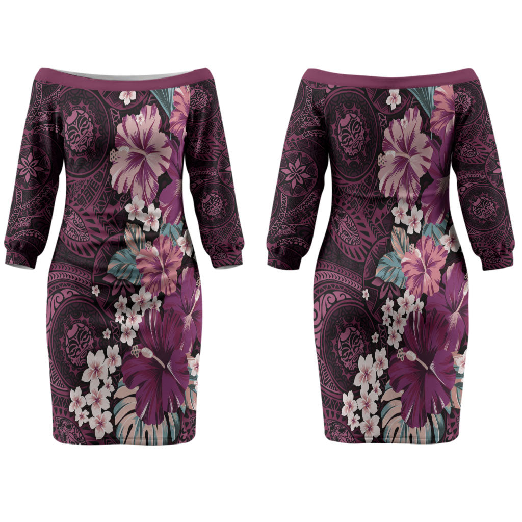 Poni Mama Hawai'i Hibiscus Family Matching Off The Shoulder Long Sleeve Dress and Hawaiian Shirt Polynesian Tribal Tattoo Pattern Floral Elements LT9 Mom's Dress Pink - Polynesian Pride