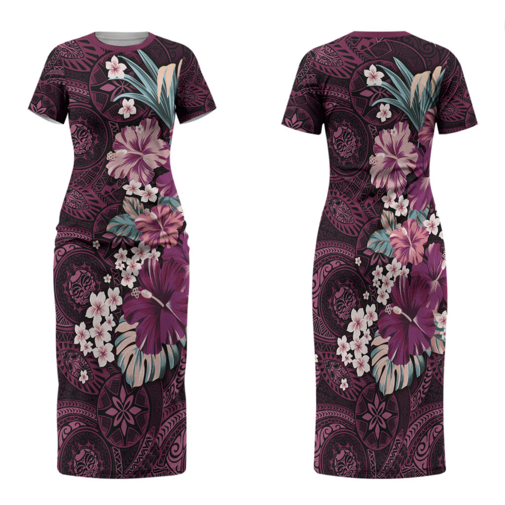Poni Mama Hawai'i Hibiscus Family Matching Short Sleeve Bodycon Dress and Hawaiian Shirt Polynesian Tribal Tattoo Pattern Floral Elements LT9 Mom's Dress Pink - Polynesian Pride