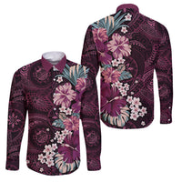 Poni Mama Hawai'i Hibiscus Family Matching Short Sleeve Bodycon Dress and Hawaiian Shirt Polynesian Tribal Tattoo Pattern Floral Elements LT9 Dad's Shirt - Long Sleeve Pink - Polynesian Pride