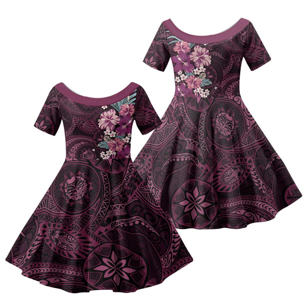 Poni Mama Hawai'i Hibiscus Family Matching Summer Maxi Dress and Hawaiian Shirt Polynesian Tribal Tattoo Pattern Floral Elements LT9 Daughter's Dress Pink - Polynesian Pride